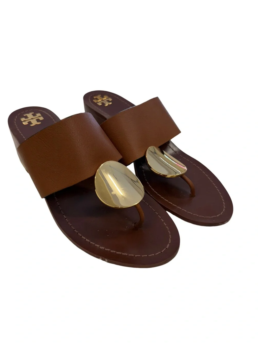 TORY BURCH Patos Disk Leather Sandals Mou Brown Size 9